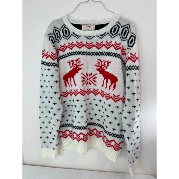 v28 Sweaters - V28 XXL Ugly Christmas Sweater Moose Reindeer Fair Isle Cream